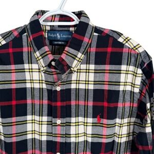 Ralph Lauren Flannel Shirt Custom Fit Button Down Mens L Black Plaid Long Sleeve